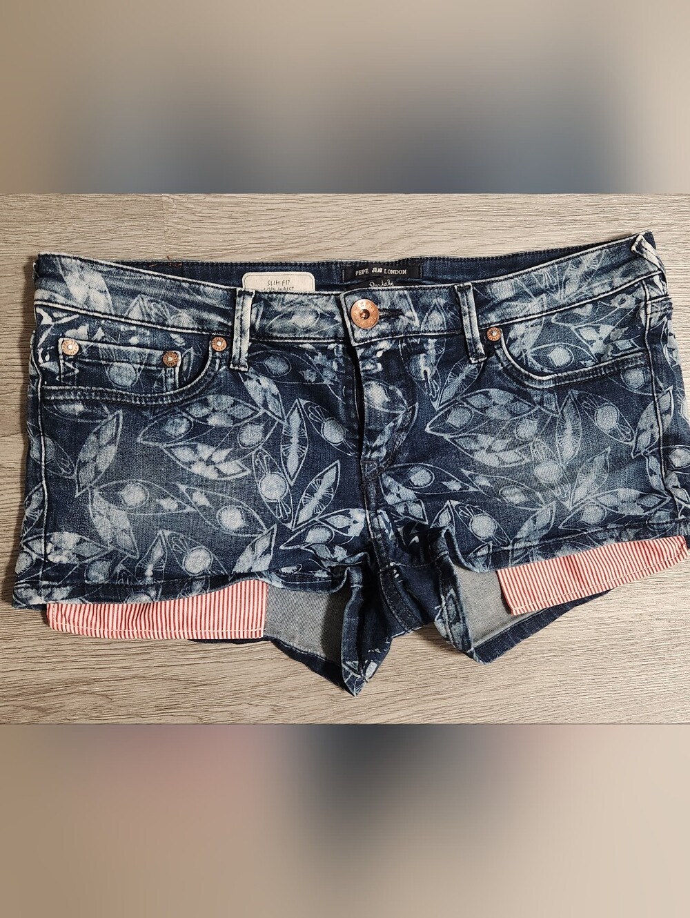 Pepe Jeans Blue Floral Print Denim Shorts with Striped Cuff, Size 31